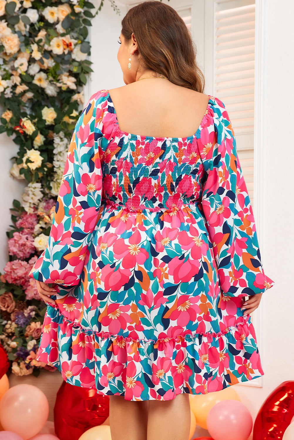 Flower Print Smocked Square Neck Plus Size Dress | Rose