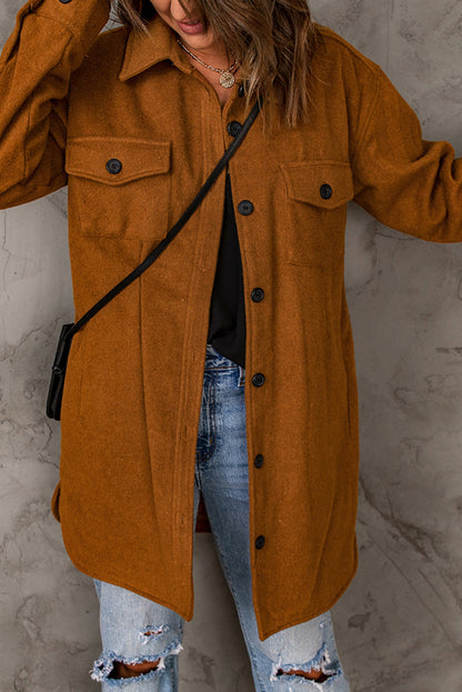 Long Sleeve Pockets Buttoned Shirt Jacket | Brown