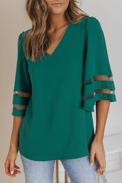 Flare Sleeve V Neck Loose Blouse | Green