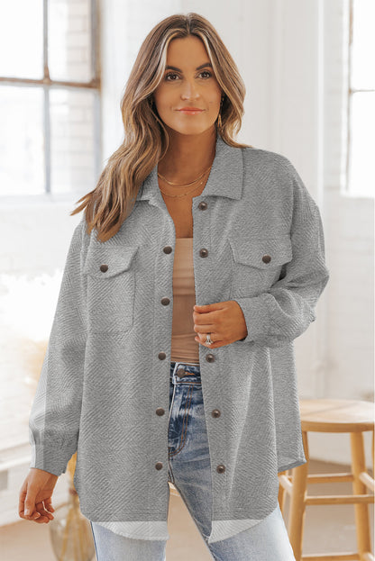 Solid Textured Flap Pocket Buttoned Shacket | Gray