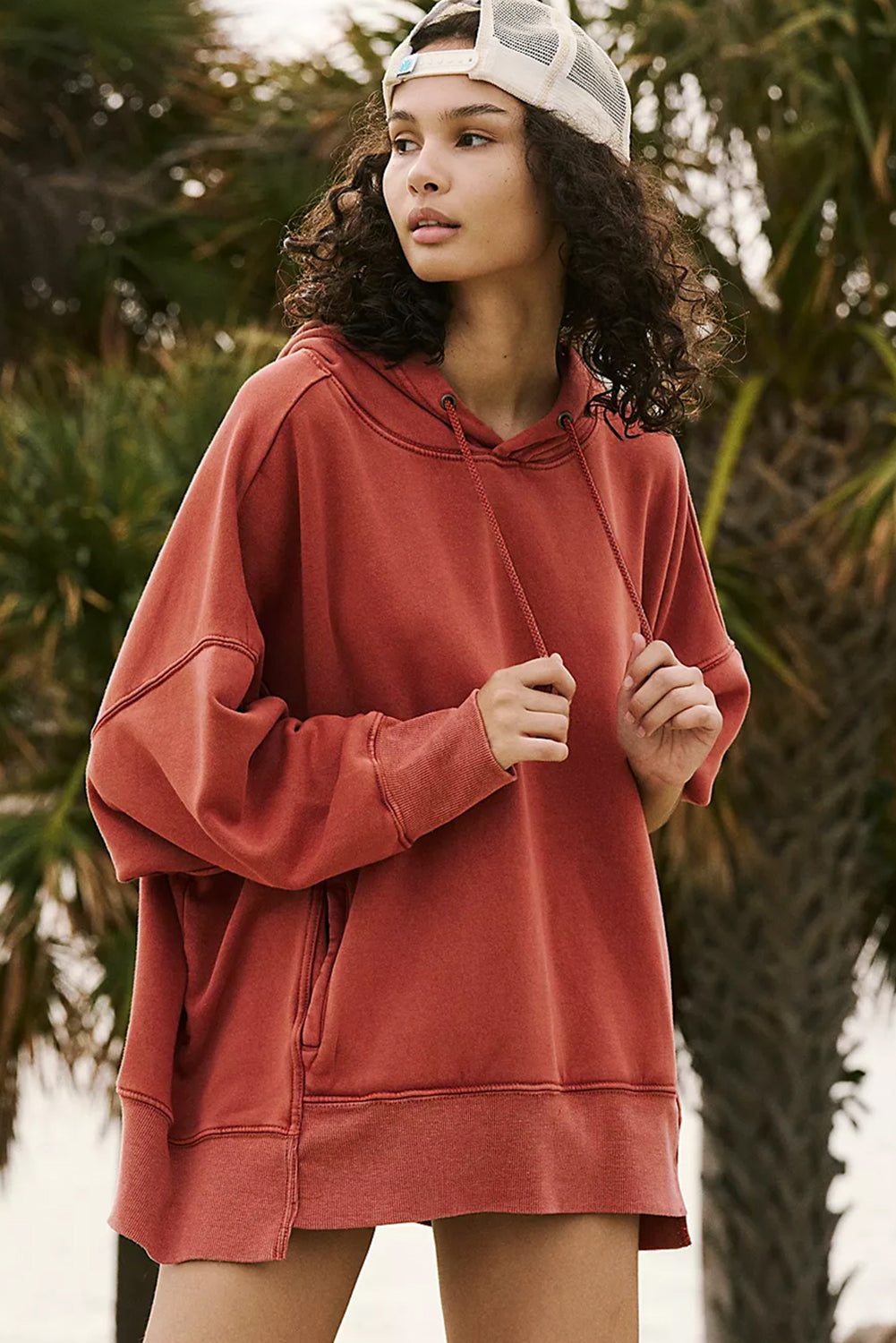 Drop Shoulder Pocketed Baggy Drawstring Hoodie | Red Clay