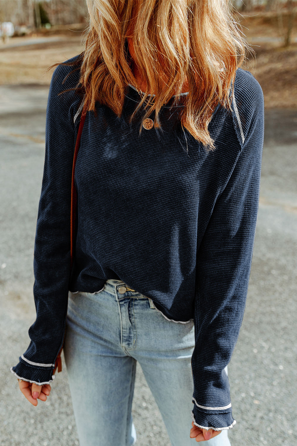 Textured Round Neck Long Sleeve Top | Blue