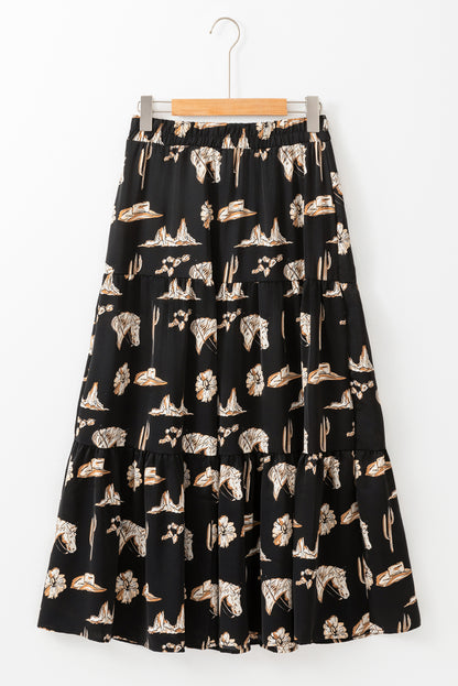 Western Print Tiered Ruffled High Waist Maxi Skirt | Black