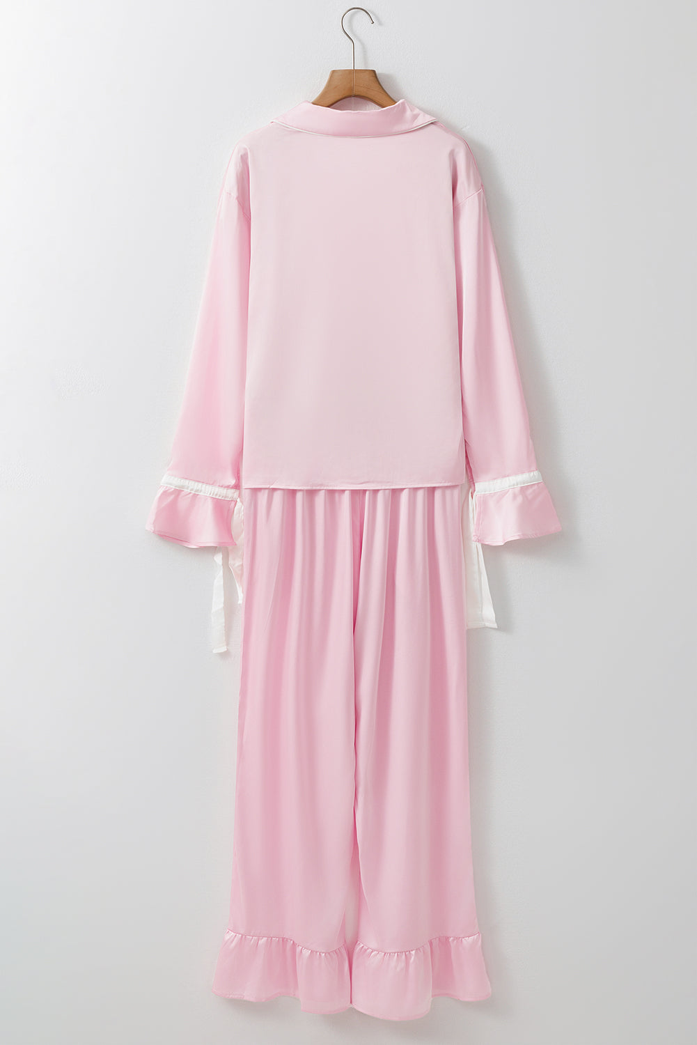 Satin Knot Accent Shirt And Ruffled Pants Lounge Set | Light Pink