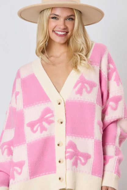 Bowknot Checkered Pattern V Neck Drop Shoulder Button Up Cardigan | Pink