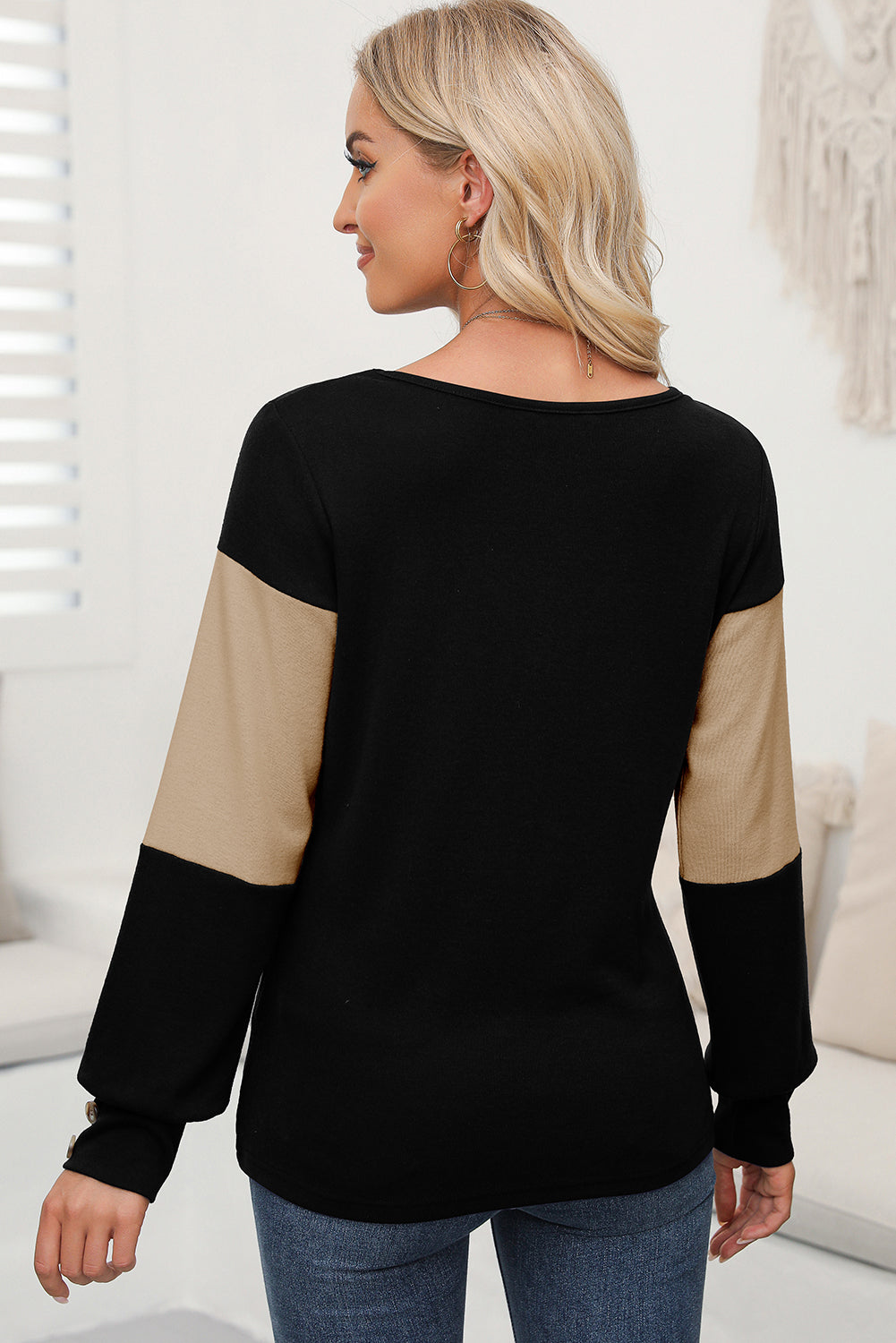 Colourblock Button Decor Long Sleeve V Neck Top | Parchment