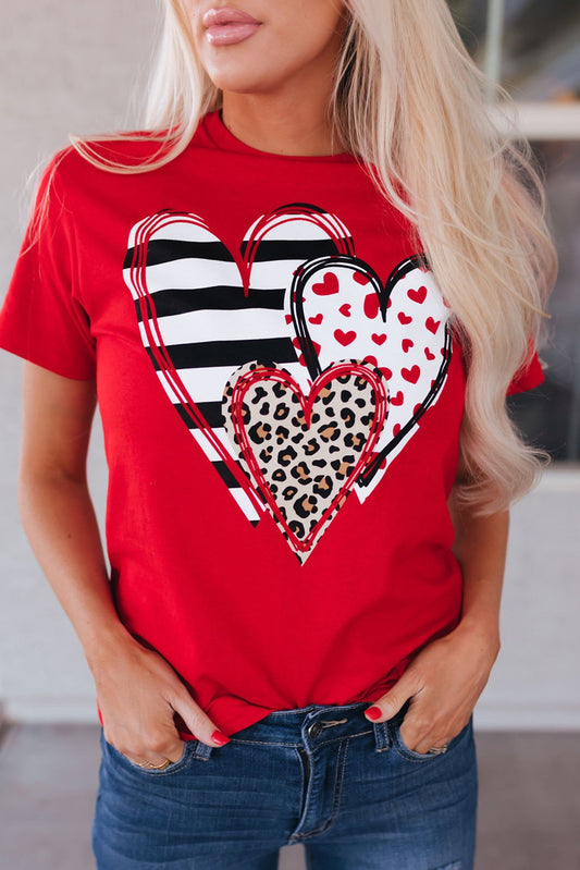 Red Leopard Striped Heart Shaped Print Crew Neck T Shirt