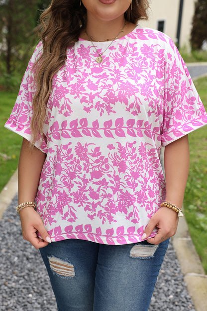 Floral Printed Curved Hem Plus Size T Shirt | White