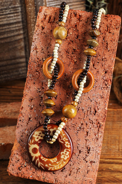 Vintage Beaded Wooden Pendant Necklace | Brown