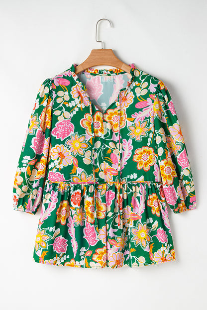 Floral Puff Sleeve V Neck Peplum Blouse | Green