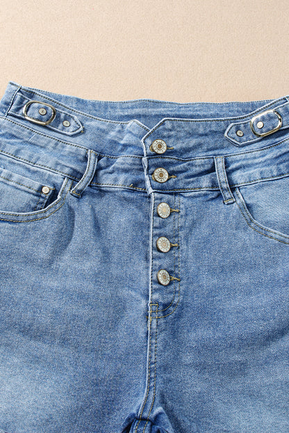 Button Fly High Waist Roll Edge Denim Shorts | Dusk Blue