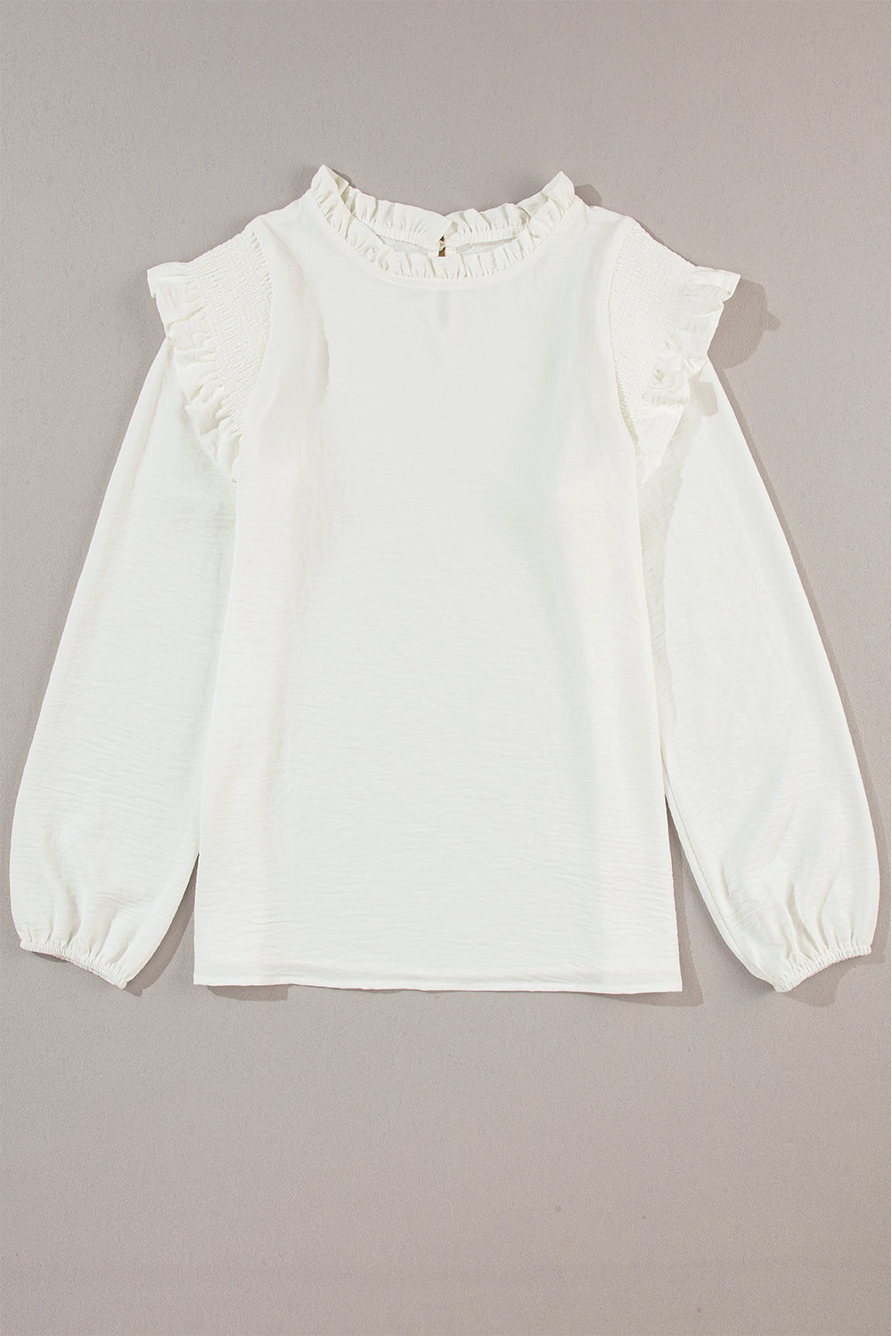 Frilled Neck Ruffled Trim Bubble Sleeve Blouse | White