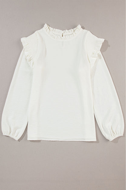 Frilled Neck Ruffled Trim Bubble Sleeve Blouse | White