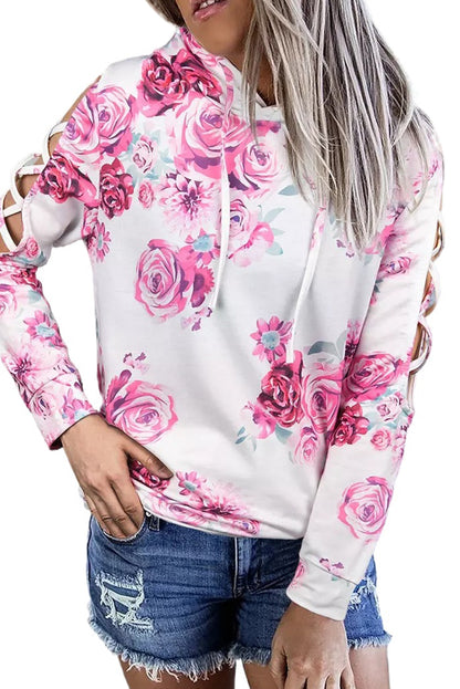 Floral Print Criss-Cross Cold Shoulder Hoodie | White