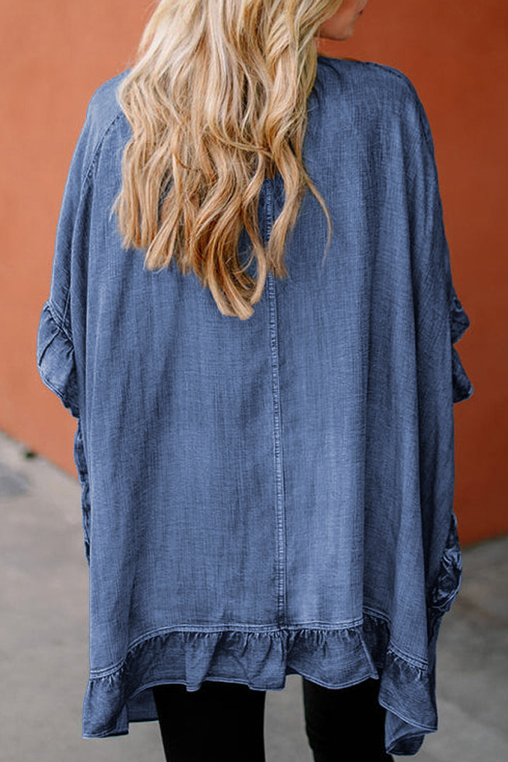 Chambray Ruffle Hem Half Sleeve Open Loose Kimono | Dusk Blue