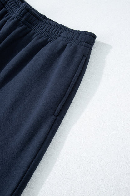 Solid Colour Collared Sweatshirt and High Waist Pants Set | Navy Blue