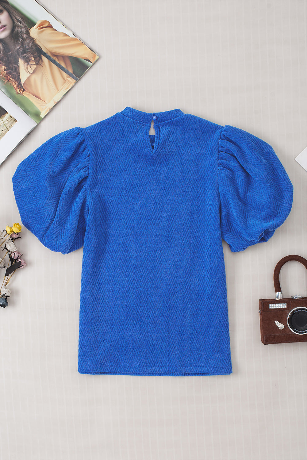 Solid Textured Puff Sleeve Mock Neck Blouse | Sky Blue