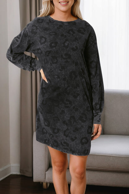 Leopard Pocketed Puff Sleeve Mini Dress | Gray