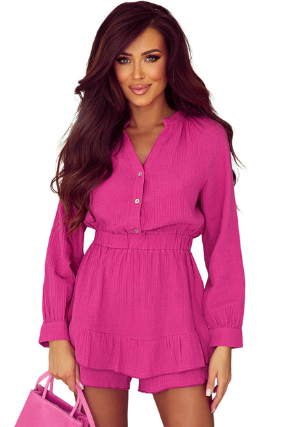 Textured Tiered Ruffled Buttoned Long Sleeve Romper | Rose