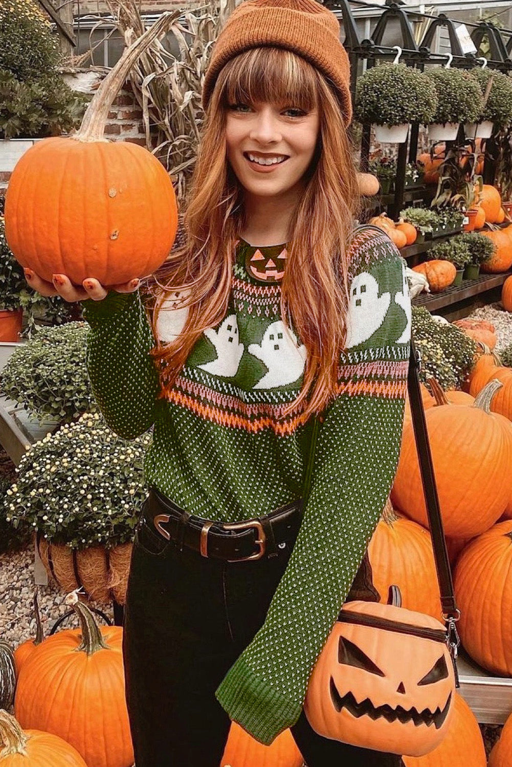 Halloween Ghost Pattern Drop Shoulder Sweater | Jungle Green