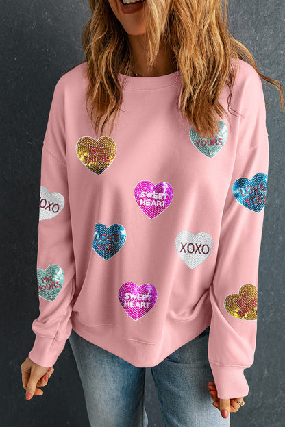 Sequin Romantic Letters Heart Graphic Valentines Sweatshirt | Pink