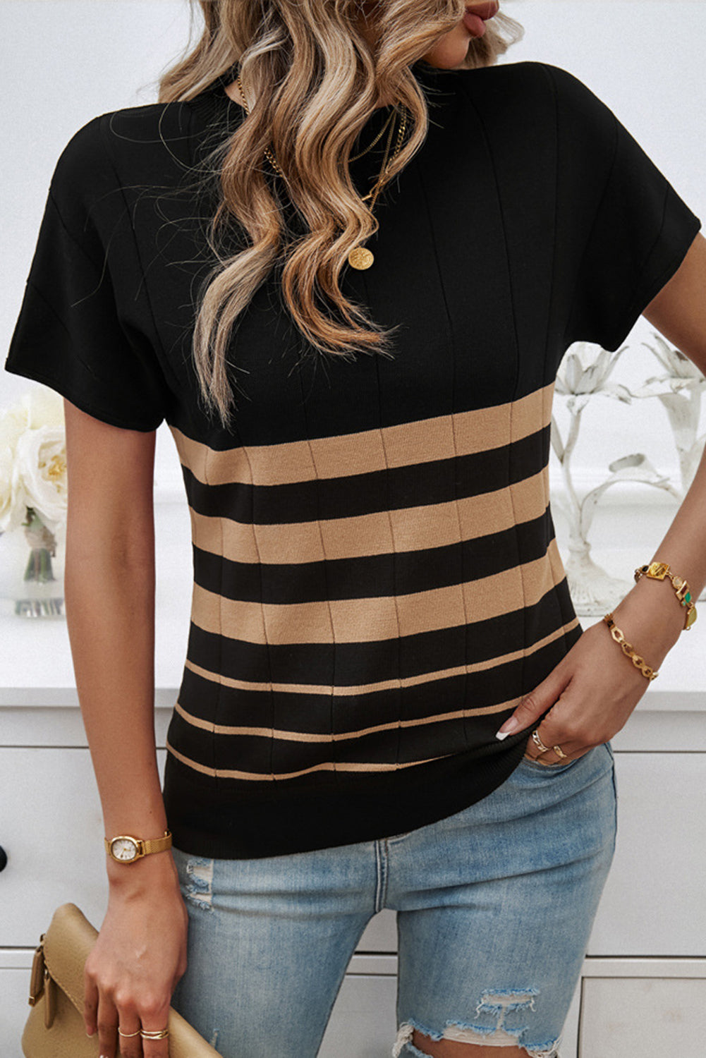 Striped Crew Neck Sweater T-Shirt | Black