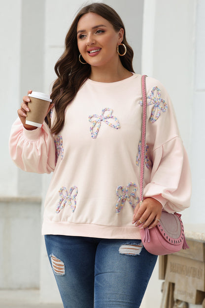 Embroidered Bow Lantern Sleeve Oversized Pullover Sweatshirt | Parchment