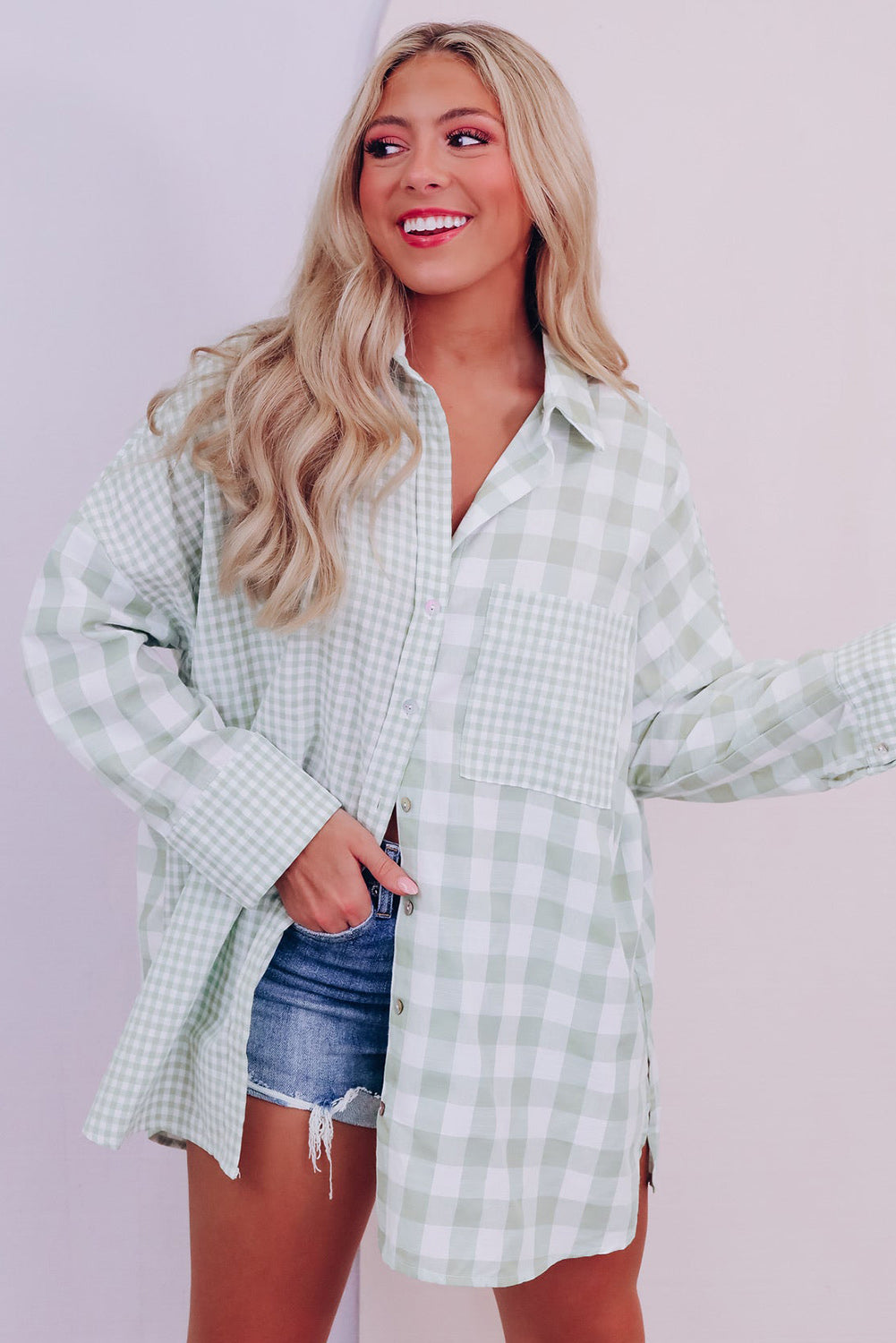 Mix Checked Patchwork Long Sleeve Shirt | Green