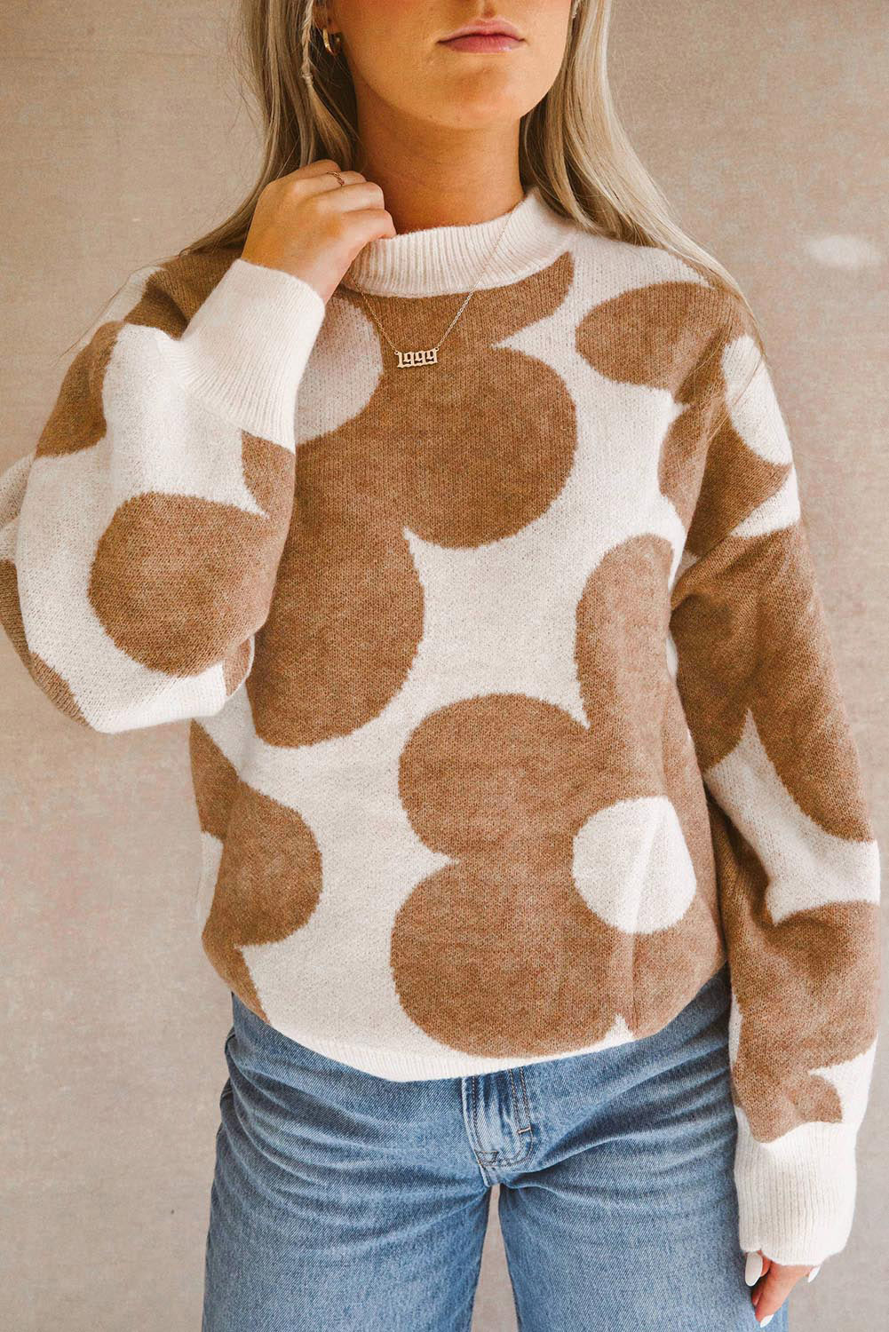 Big Flower Pattern Drop Shoulder Sweater | Khaki