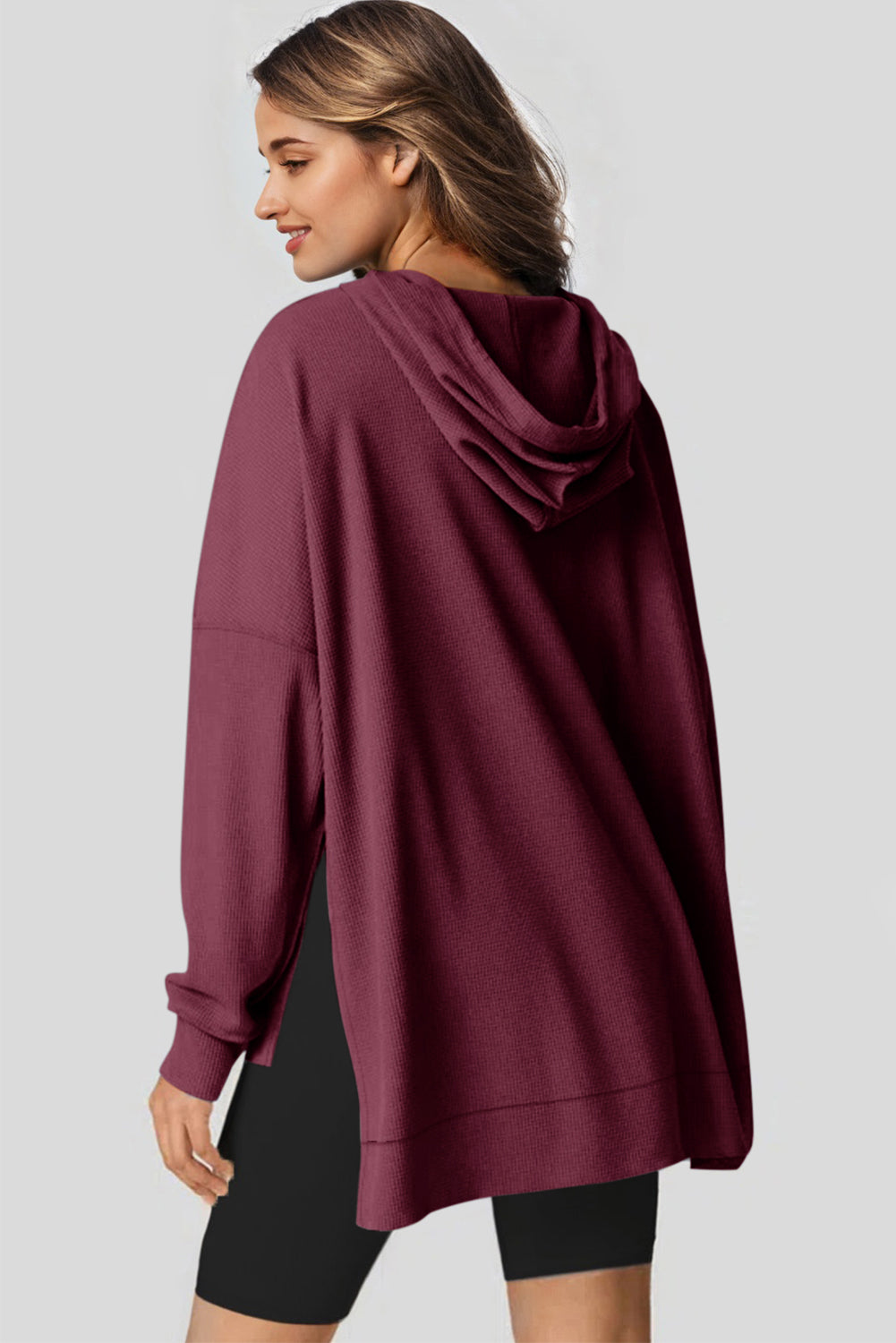 Waffle Knit Fleece Lined High Low Oversized Hoodie | Red Dahlia