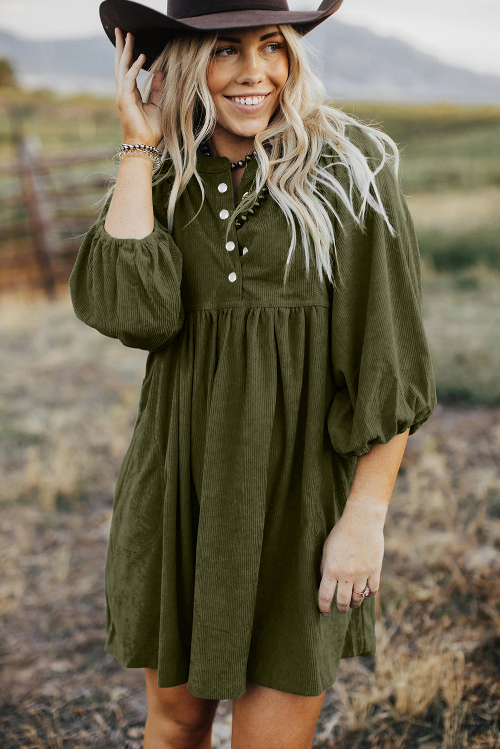 Corduroy Snap Buttons Empire Waist Bracelet Sleeve Dress | Vineyard Green