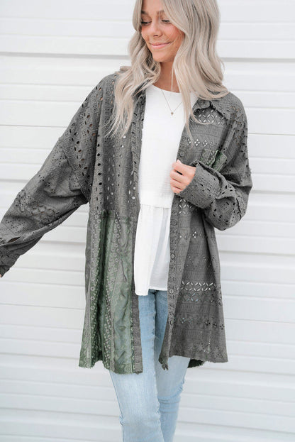 Eyelet Pattern Patchwork Oversized Button Up Shacket | Duffel Green