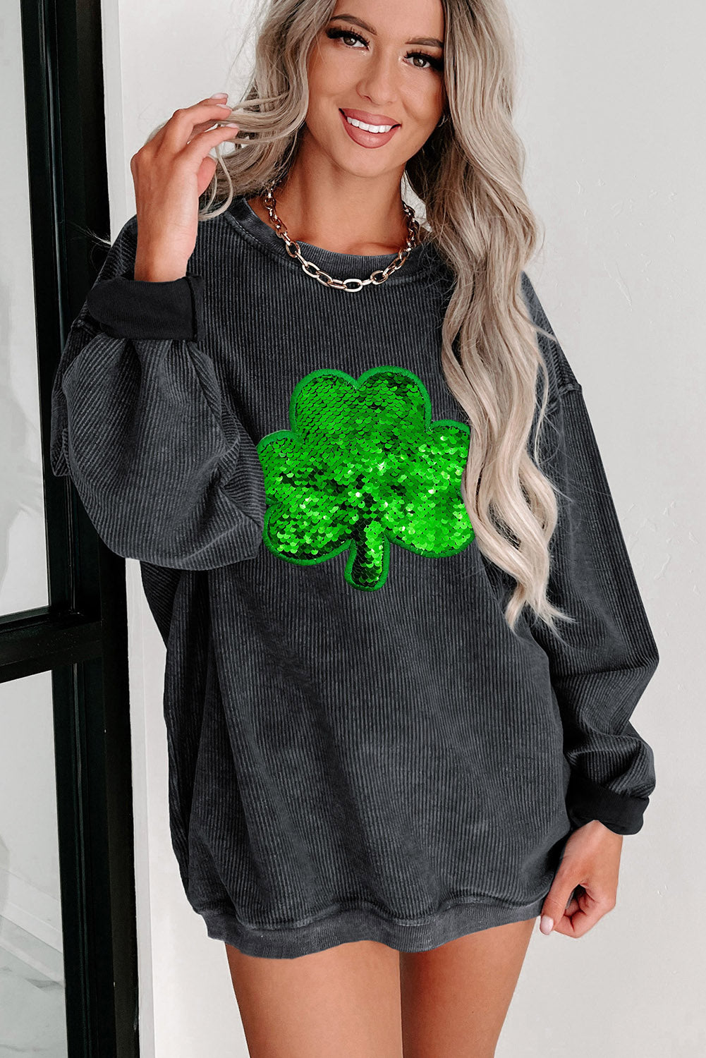 Sequin Embroidered Clover Corded Sweatshirt | Black