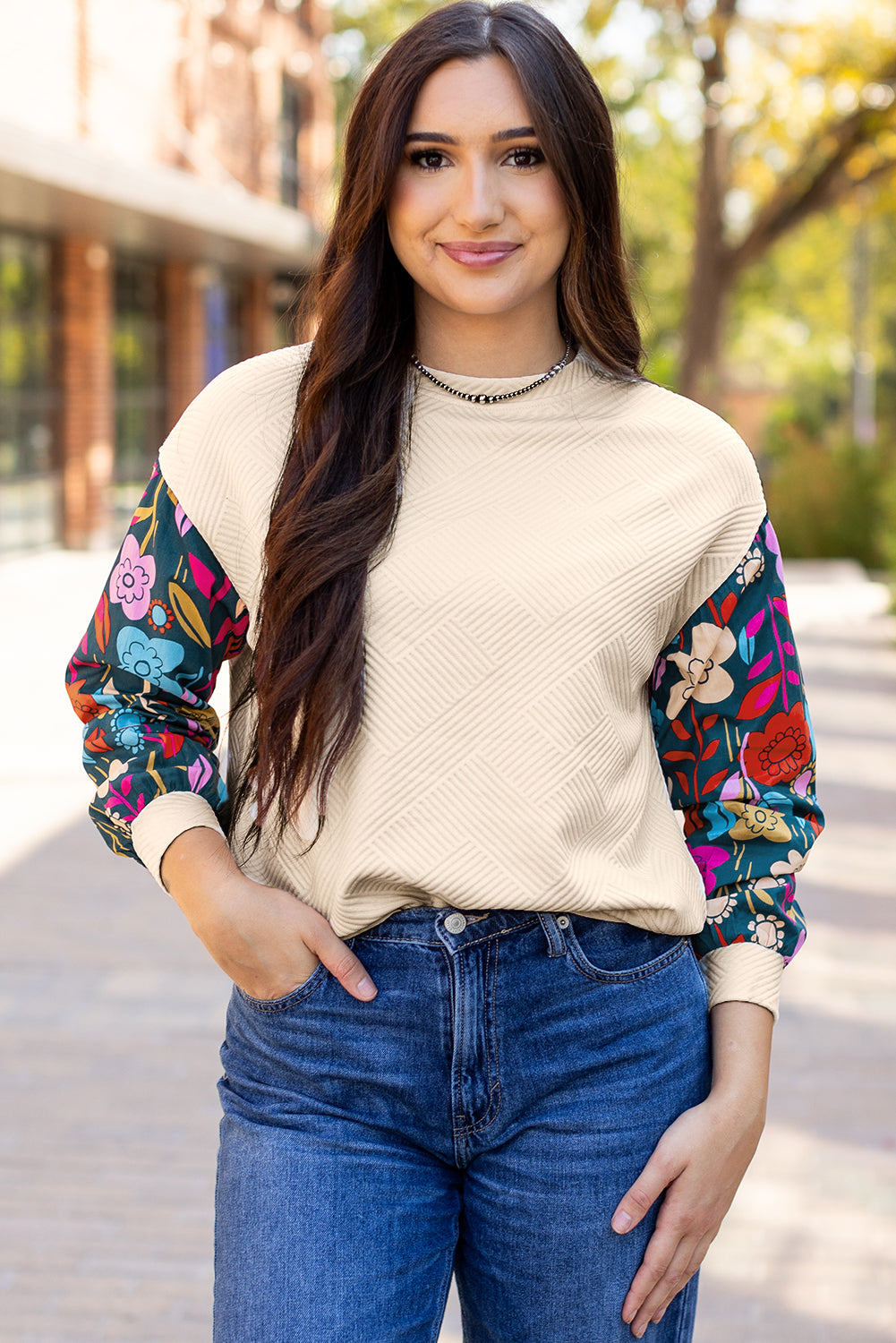 White Contrast Floral Sleeve Textured Drop Shoulder Knit Top