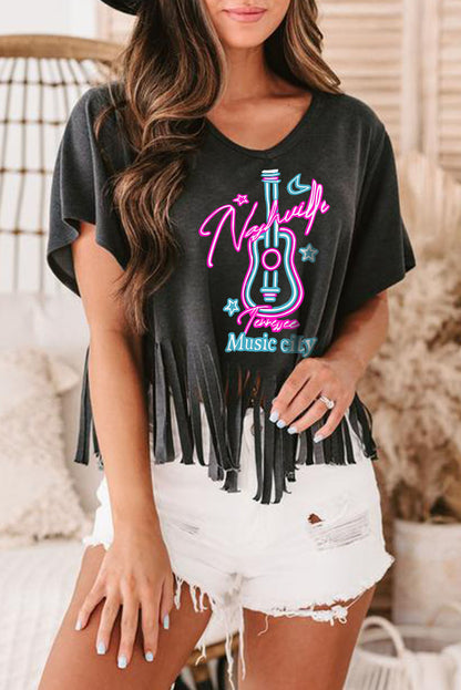 Nashville Forever V Neck Fringed Graphic Tee | Black