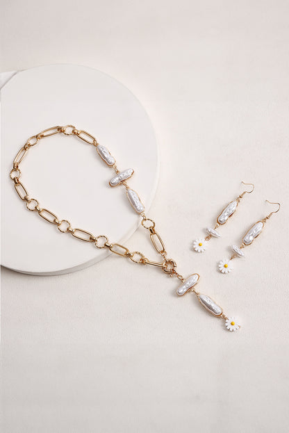 Faux Pearl Daisy Jointed Chain Choker Necklace | Gold