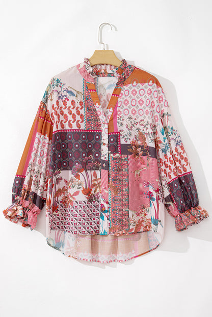 Boho Geometric Mixed Print Patchwork Bubble Sleeve Shirt | Red