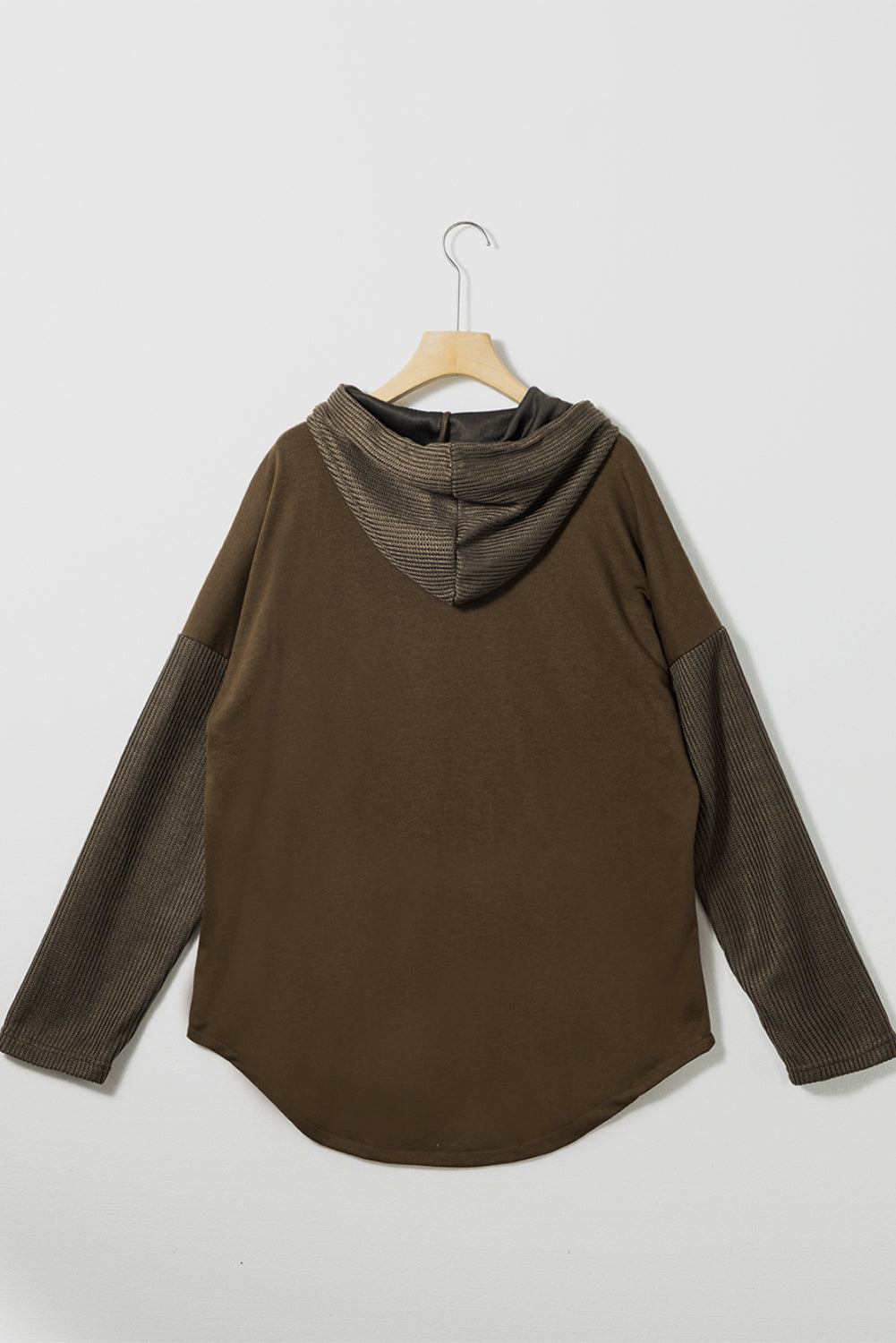 Button Up Contrast Knitted Sleeves Hooded Jacket | Dark Brown