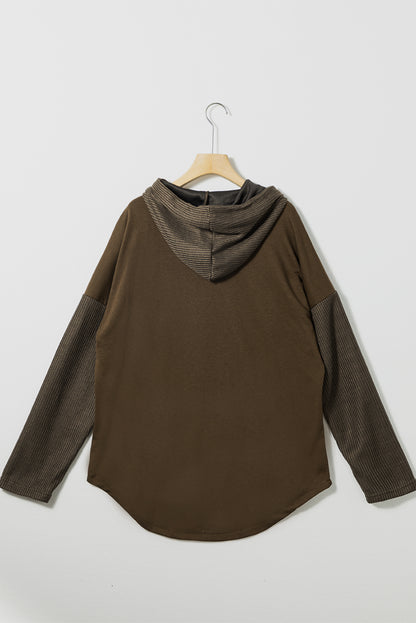 Button Up Contrast Knitted Sleeves Hooded Jacket | Dark Brown