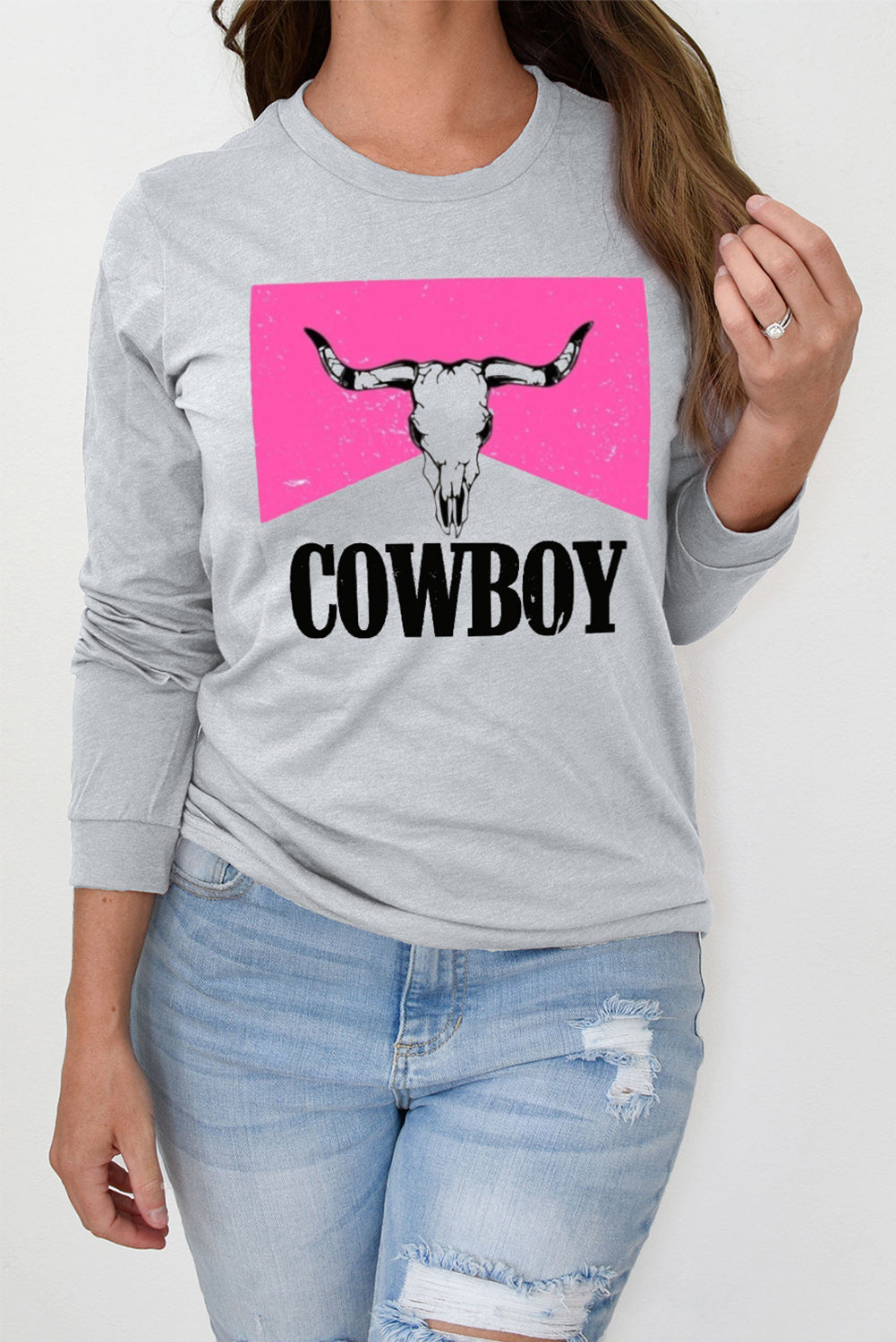 Cowboy Steer Skull Graphic Long Sleeve Top | Gray