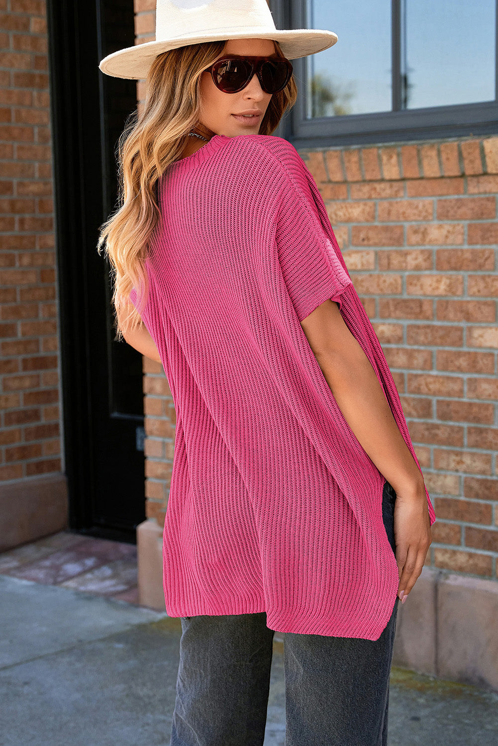 Short Sleeve Side Slit Oversized Sweater | Rose Red