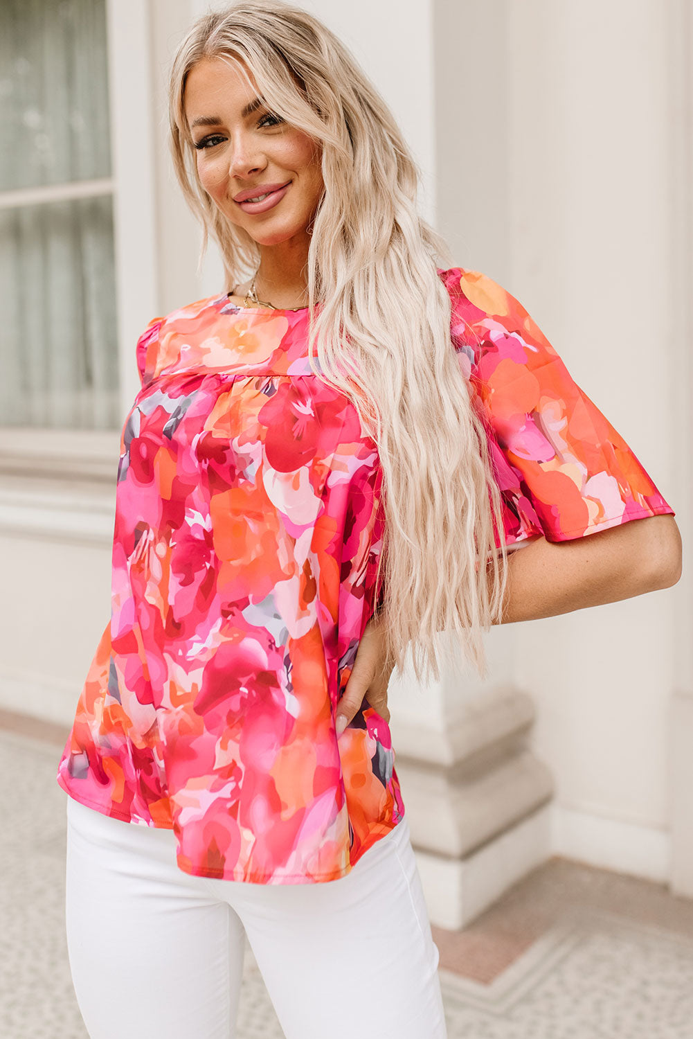 Fiery  Floral Print Wide Sleeve Blouse | Red