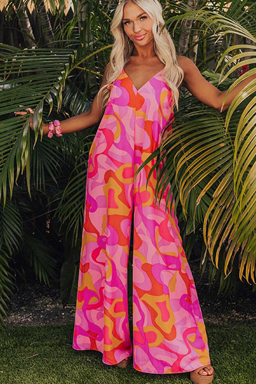 Boho Abstract Print V Neck Wide Leg Jumpsuit | Pink