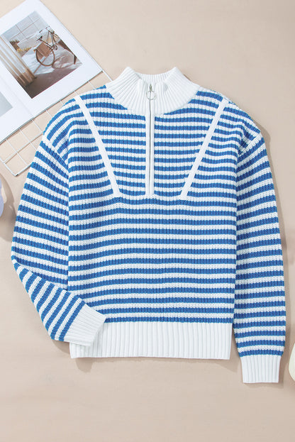 Zip Up Collar Drop Shoulder Sweater | Sky Blue Stripe