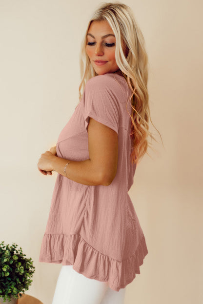 Solid Short Sleeve Ruffle Hem Top | Pink