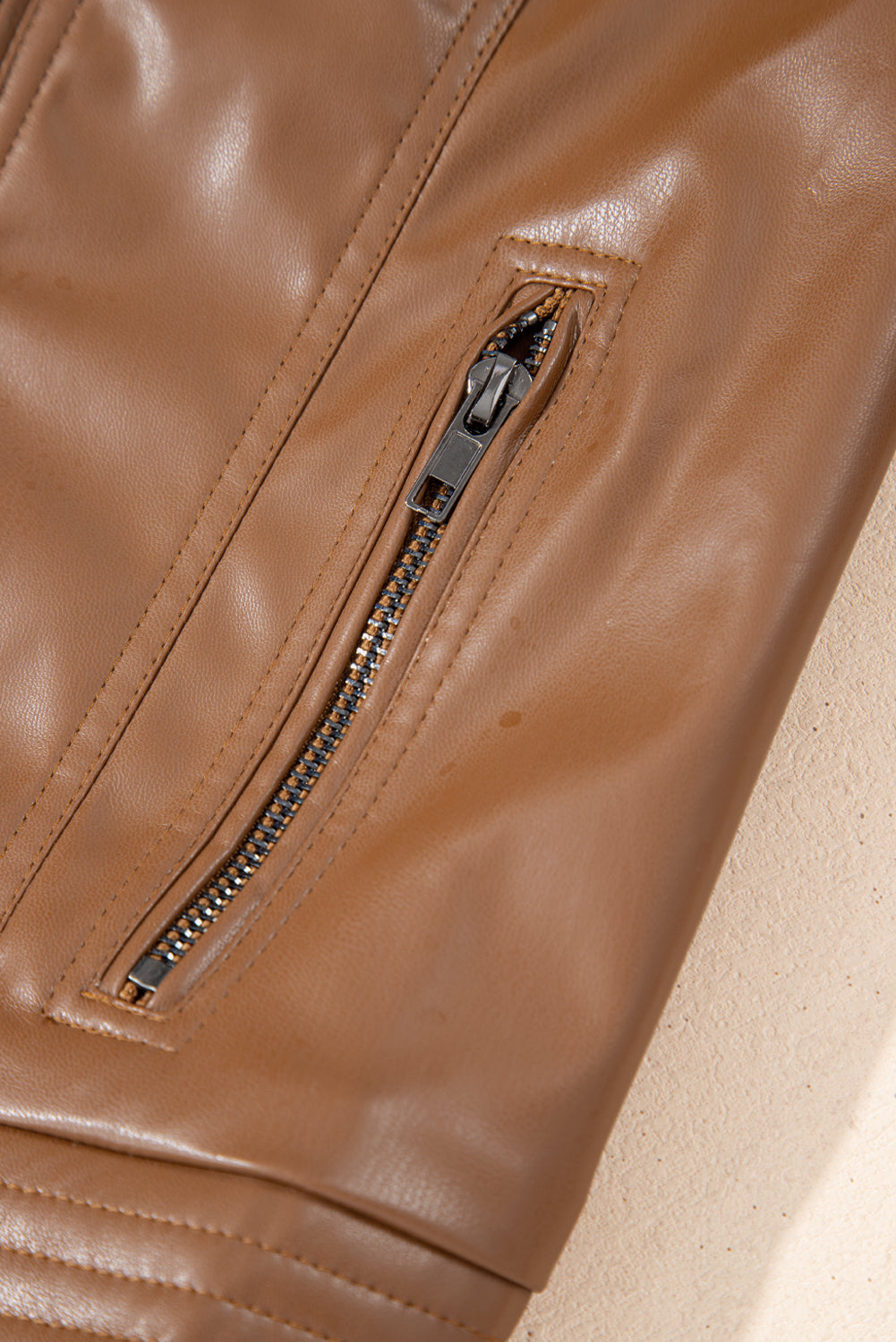 Solid Faux Leather Zipper Slim Fit Bomber Jacket | Chestnut