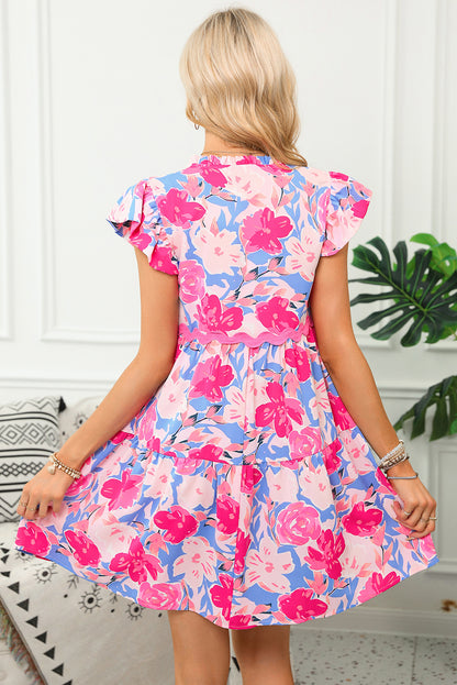 Floral Printed V Notched Ric Rac Flutter Sleeve Dress | Pink