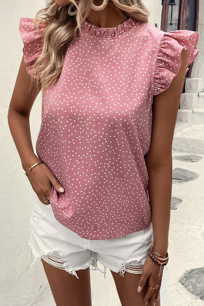 Polka Dots Ruffle Flutter Sleeve Frilled Neck Blouse | Pink