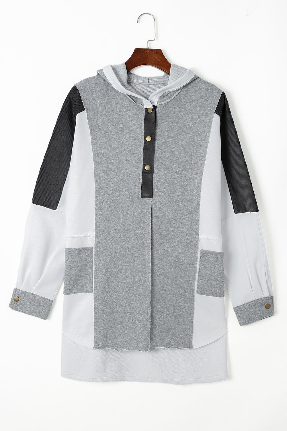 Colour Block Exposed Seam Buttoned Neckline Hoodie | Gray