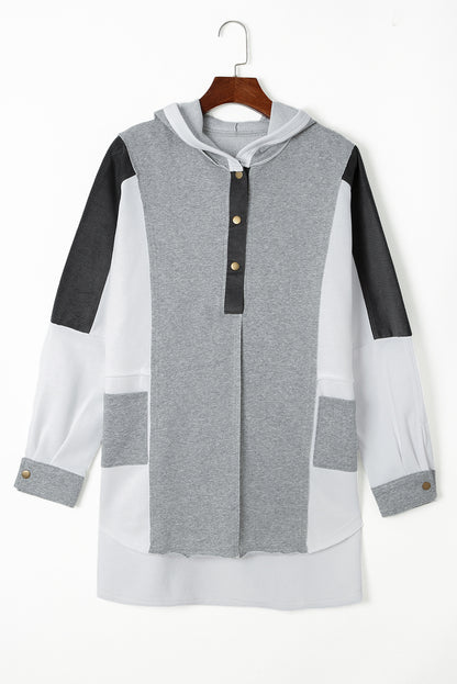 Colour Block Exposed Seam Buttoned Neckline Hoodie | Gray